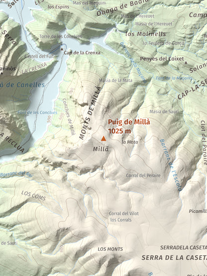 Mapa de relieve de Puig de Millà, 1025 m, Noguera, lámina 100 Cims de Trobart. Detalle de la zona central. 30 × 40 cm.