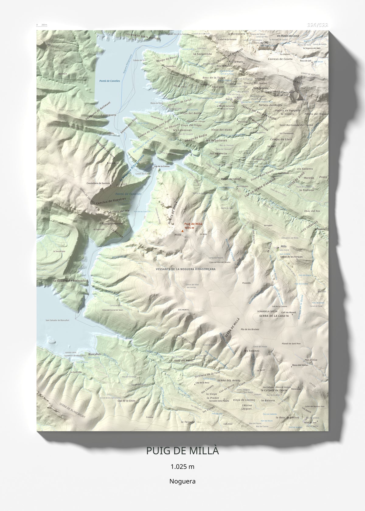 Mapa de relieve de Puig de Millà, 1025 m, Noguera, lámina 100 Cims de Trobart 50 × 70 cm.