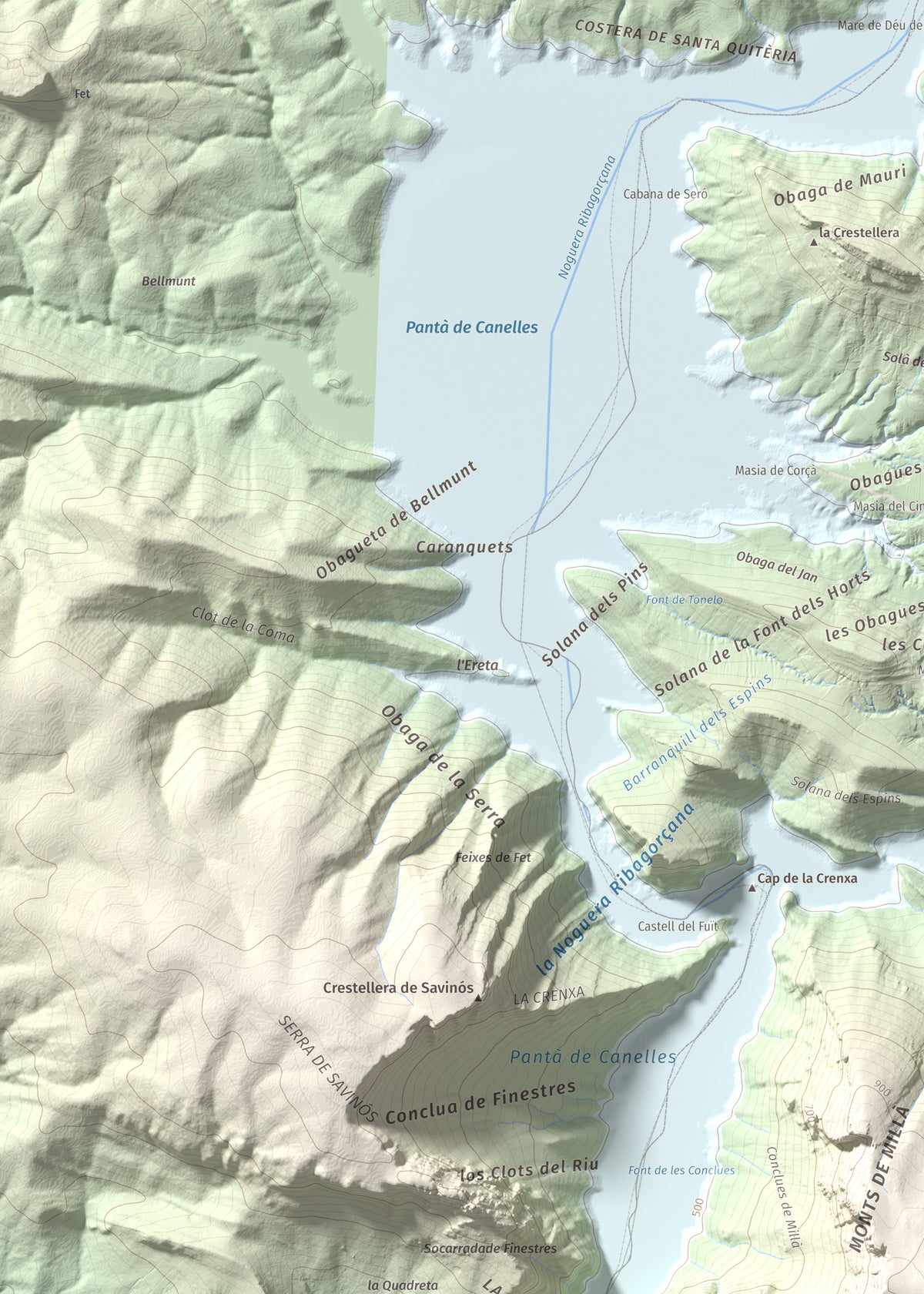 Mapa de relieve de Puig de Millà, 1025 m, Noguera, lámina 100 Cims de Trobart. Detalle de la zona superior izquierda. 50 × 70 cm.