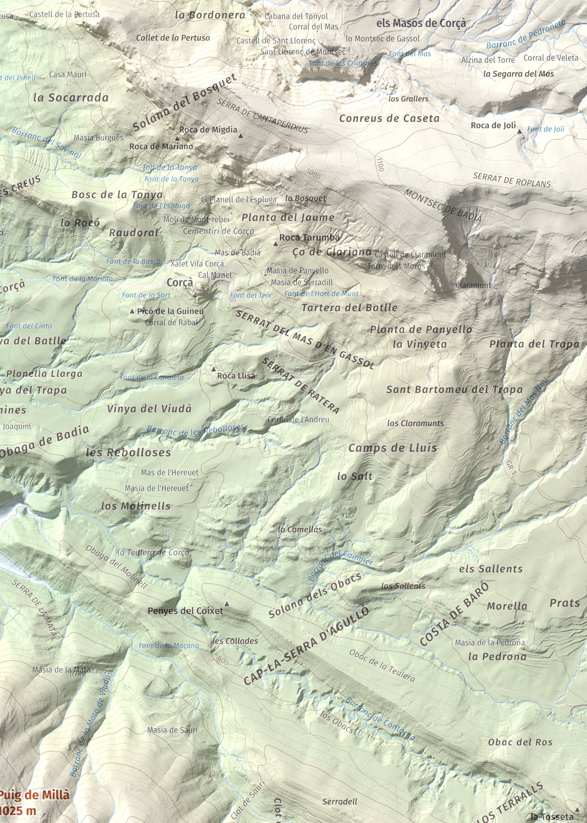 Mapa de relieve de Puig de Millà, 1025 m, Noguera, lámina 100 Cims de Trobart. Detalle de la zona superior derecha. 50 × 70 cm.