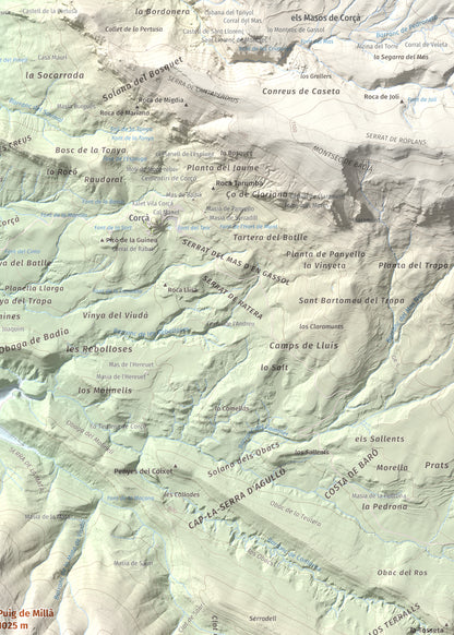 Mapa de relieve de Puig de Millà, 1025 m, Noguera, lámina 100 Cims de Trobart. Detalle de la zona superior derecha. 50 × 70 cm.