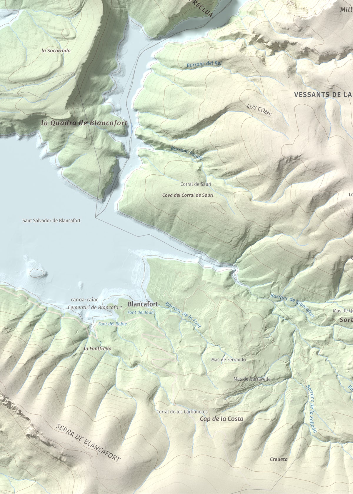Mapa de relieve de Puig de Millà, 1025 m, Noguera, lámina 100 Cims de Trobart. Detalle de la zona inferior izquierda. 50 × 70 cm.