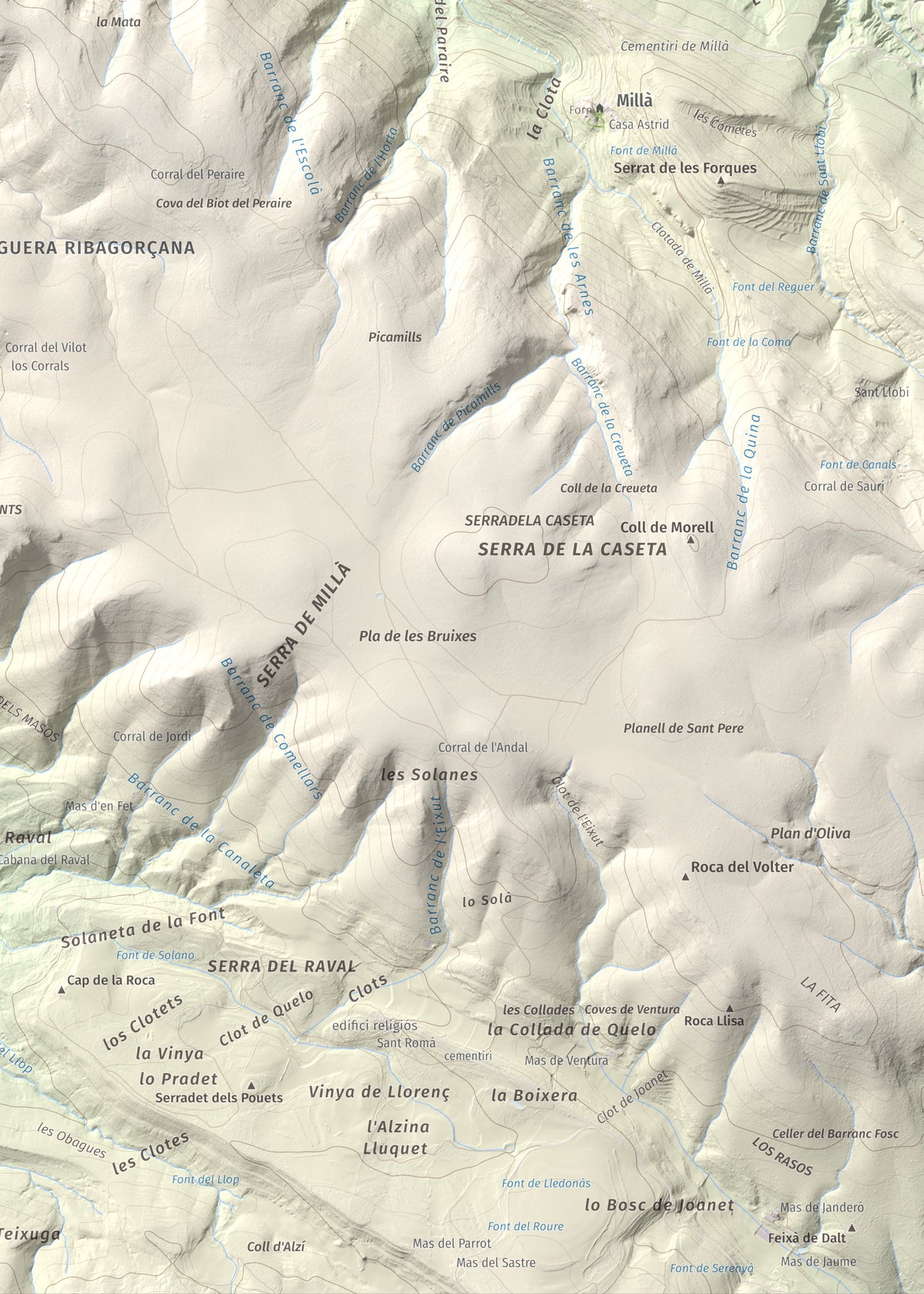 Mapa de relieve de Puig de Millà, 1025 m, Noguera, lámina 100 Cims de Trobart. Detalle de la zona inferior derecha. 50 × 70 cm.