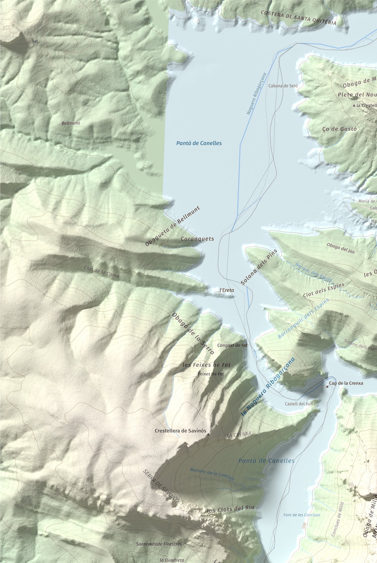 Mapa de relieve de Puig de Millà, 1025 m, Noguera, lámina 100 Cims de Trobart. Detalle de la zona superior izquierda. 61 × 91 cm.