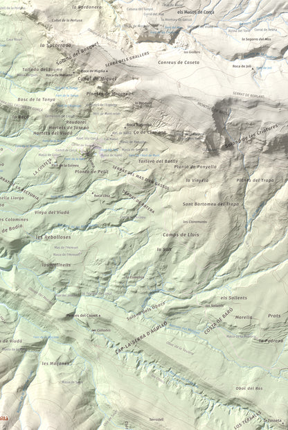 Mapa de relieve de Puig de Millà, 1025 m, Noguera, lámina 100 Cims de Trobart. Detalle de la zona superior derecha. 61 × 91 cm.