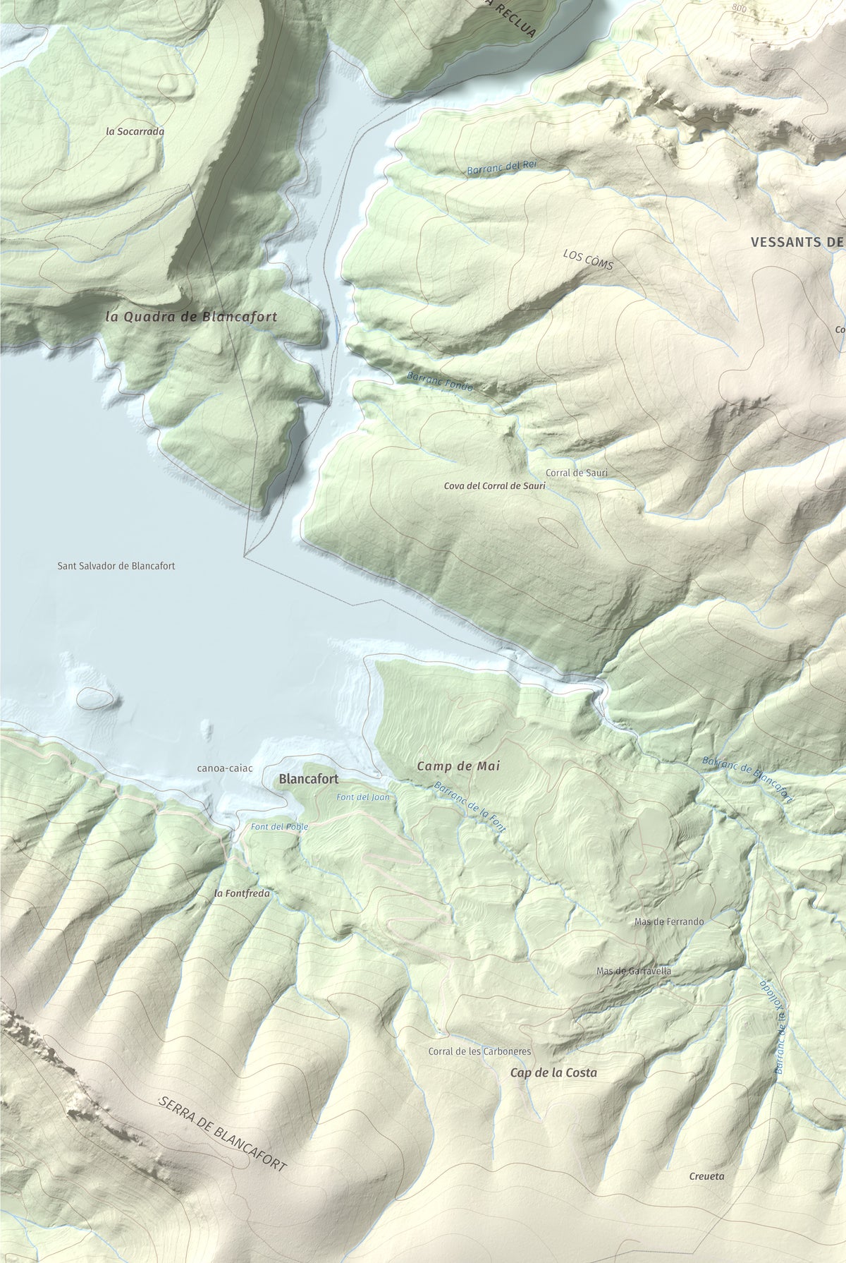 Mapa de relieve de Puig de Millà, 1025 m, Noguera, lámina 100 Cims de Trobart. Detalle de la zona inferior izquierda. 61 × 91 cm.