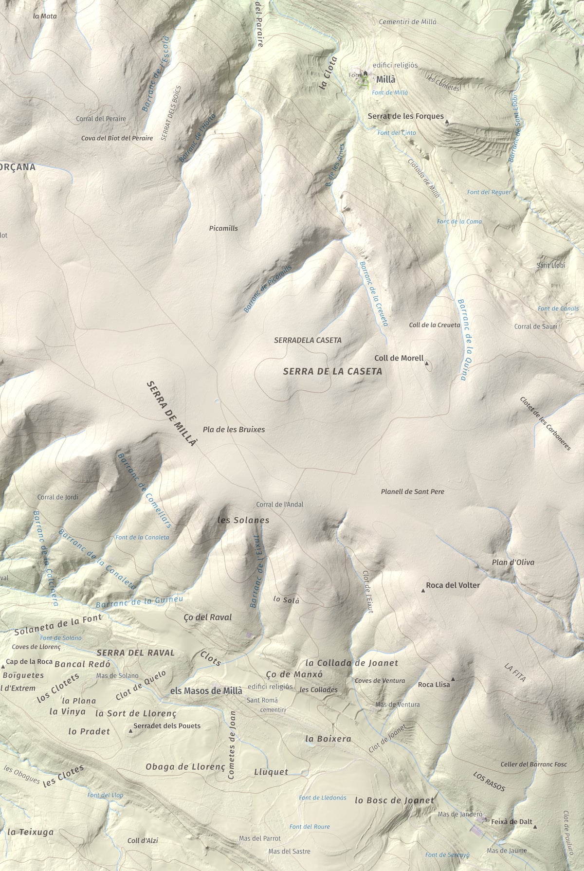 Mapa de relieve de Puig de Millà, 1025 m, Noguera, lámina 100 Cims de Trobart. Detalle de la zona inferior derecha. 61 × 91 cm.