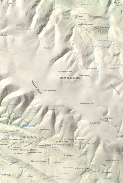 Mapa de relieve de Puig de Millà, 1025 m, Noguera, lámina 100 Cims de Trobart. Detalle de la zona inferior derecha. 61 × 91 cm.
