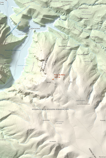 Mapa de relieve de Puig de Millà, 1025 m, Noguera, lámina 100 Cims de Trobart. Detalle de la zona central. 61 × 91 cm.