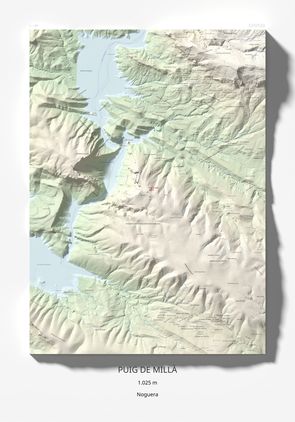 Mapa de relieve de Puig de Millà, 1025 m, Noguera, lámina 100 Cims de Trobart 70 × 100 cm.