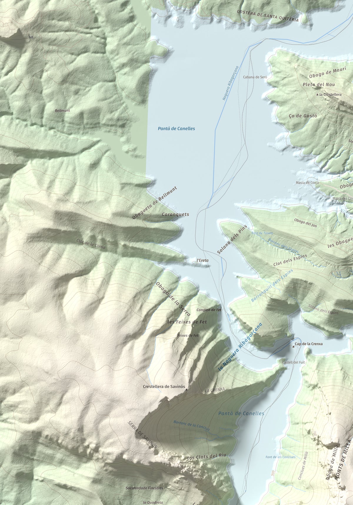 Mapa de relieve de Puig de Millà, 1025 m, Noguera, lámina 100 Cims de Trobart. Detalle de la zona superior izquierda. 70 × 100 cm.