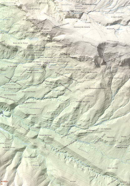 Mapa de relieve de Puig de Millà, 1025 m, Noguera, lámina 100 Cims de Trobart. Detalle de la zona superior derecha. 70 × 100 cm.