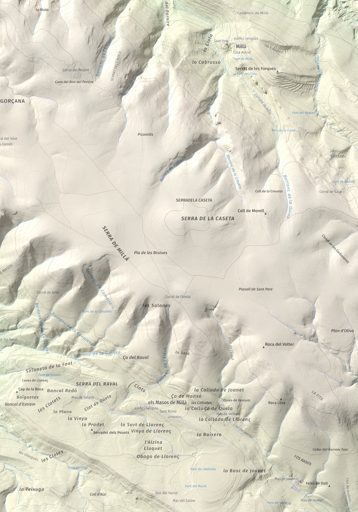 Mapa de relieve de Puig de Millà, 1025 m, Noguera, lámina 100 Cims de Trobart. Detalle de la zona inferior derecha. 70 × 100 cm.