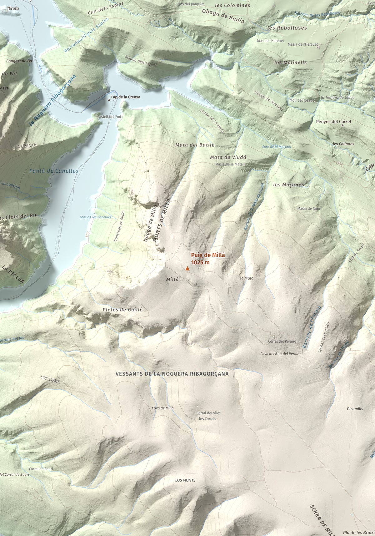 Mapa de relieve de Puig de Millà, 1025 m, Noguera, lámina 100 Cims de Trobart. Detalle de la zona central. 70 × 100 cm.