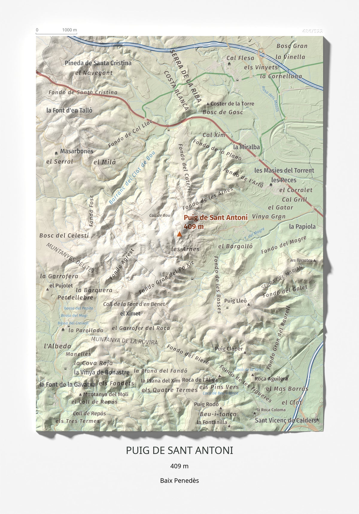 Mapa de relieve de Puig de Sant Antoni, 409 m, Baix Penedès, lámina 100 Cims de Trobart 21 × 30 cm.