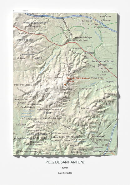 Mapa de relieve de Puig de Sant Antoni, 409 m, Baix Penedès, lámina 100 Cims de Trobart 21 × 30 cm.