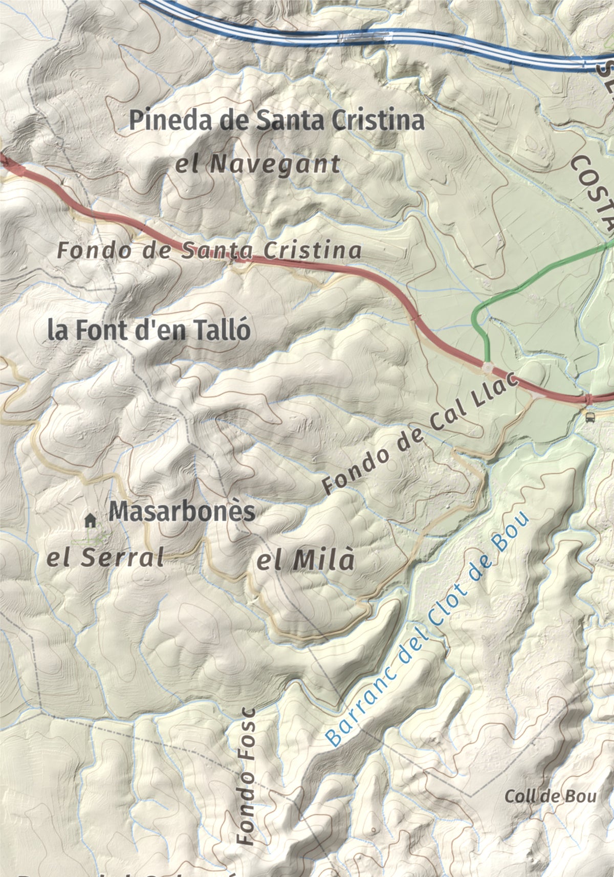 Mapa de relieve de Puig de Sant Antoni, 409 m, Baix Penedès, lámina 100 Cims de Trobart. Detalle de la zona superior izquierda. 21 × 30 cm.