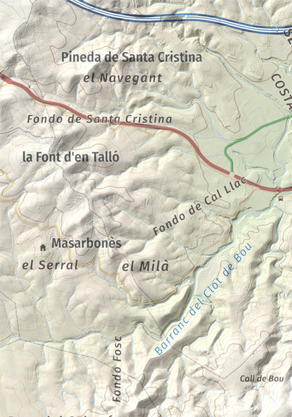 Mapa de relieve de Puig de Sant Antoni, 409 m, Baix Penedès, lámina 100 Cims de Trobart. Detalle de la zona superior izquierda. 21 × 30 cm.