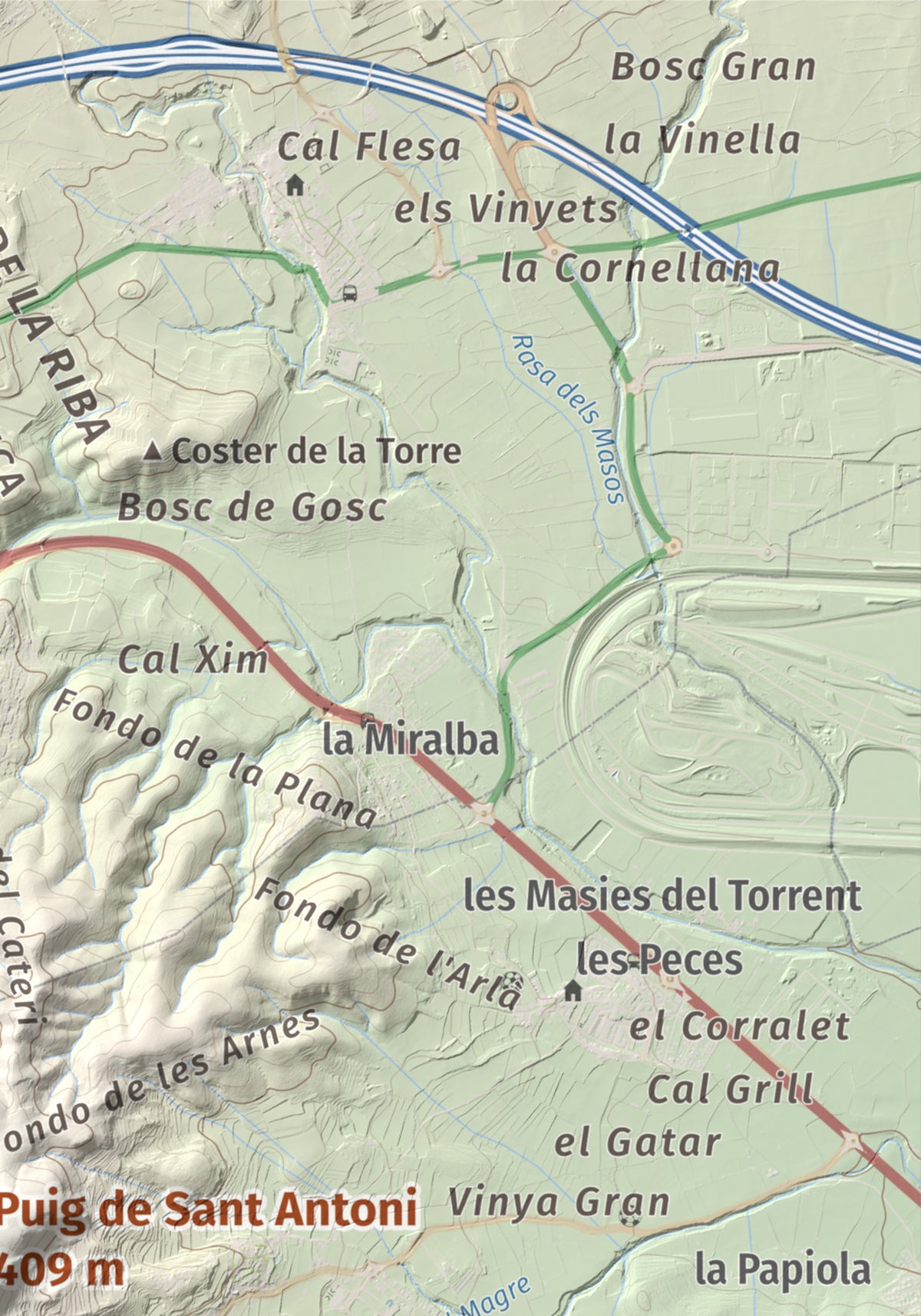 Mapa de relieve de Puig de Sant Antoni, 409 m, Baix Penedès, lámina 100 Cims de Trobart. Detalle de la zona superior derecha. 21 × 30 cm.