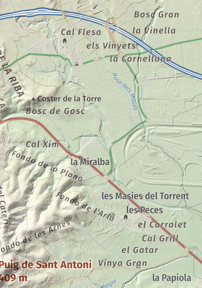 Mapa de relieve de Puig de Sant Antoni, 409 m, Baix Penedès, lámina 100 Cims de Trobart. Detalle de la zona superior derecha. 21 × 30 cm.