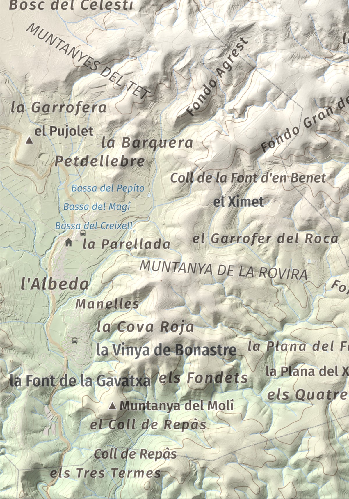 Mapa de relieve de Puig de Sant Antoni, 409 m, Baix Penedès, lámina 100 Cims de Trobart. Detalle de la zona inferior izquierda. 21 × 30 cm.