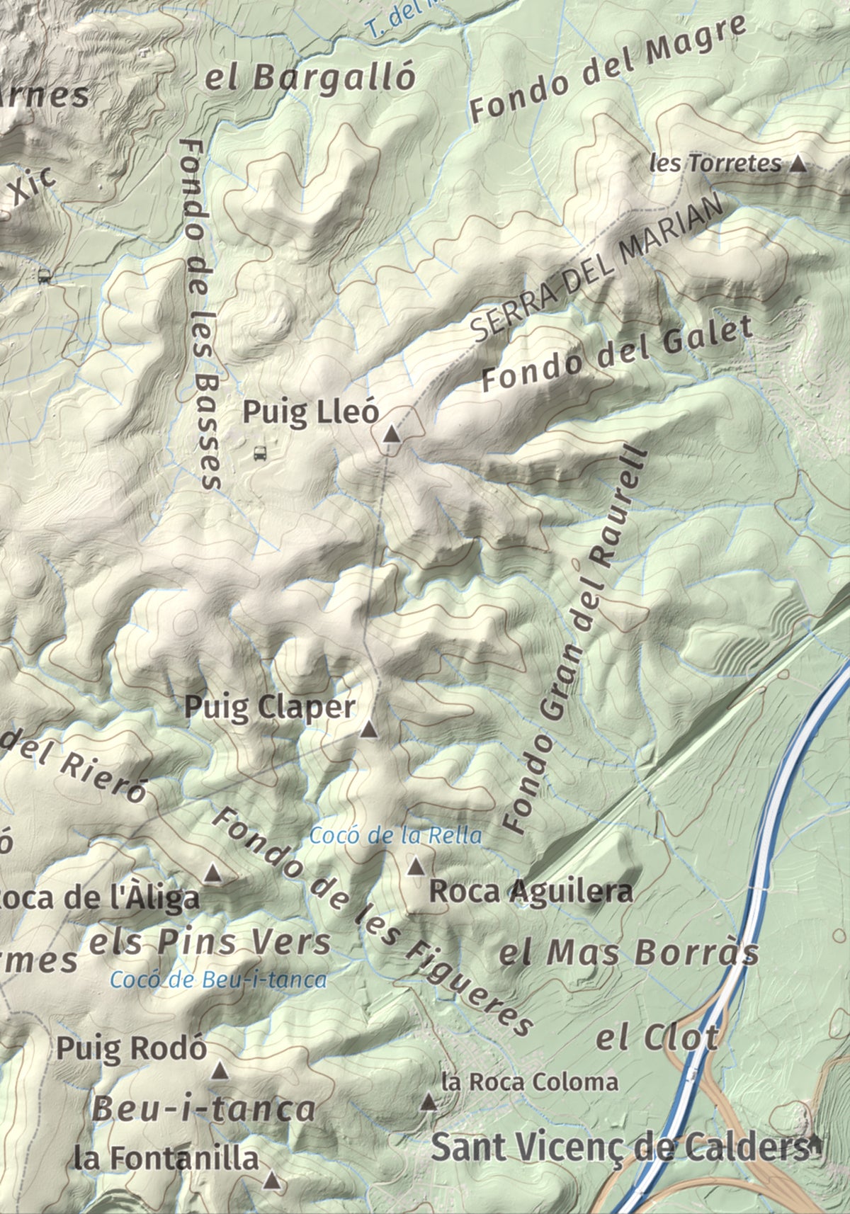 Mapa de relieve de Puig de Sant Antoni, 409 m, Baix Penedès, lámina 100 Cims de Trobart. Detalle de la zona inferior derecha. 21 × 30 cm.