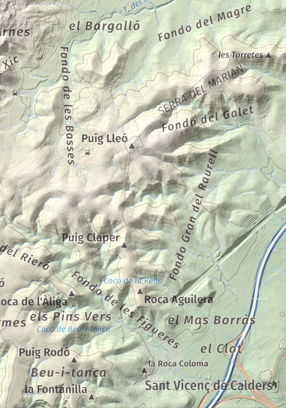 Mapa de relieve de Puig de Sant Antoni, 409 m, Baix Penedès, lámina 100 Cims de Trobart. Detalle de la zona inferior derecha. 21 × 30 cm.