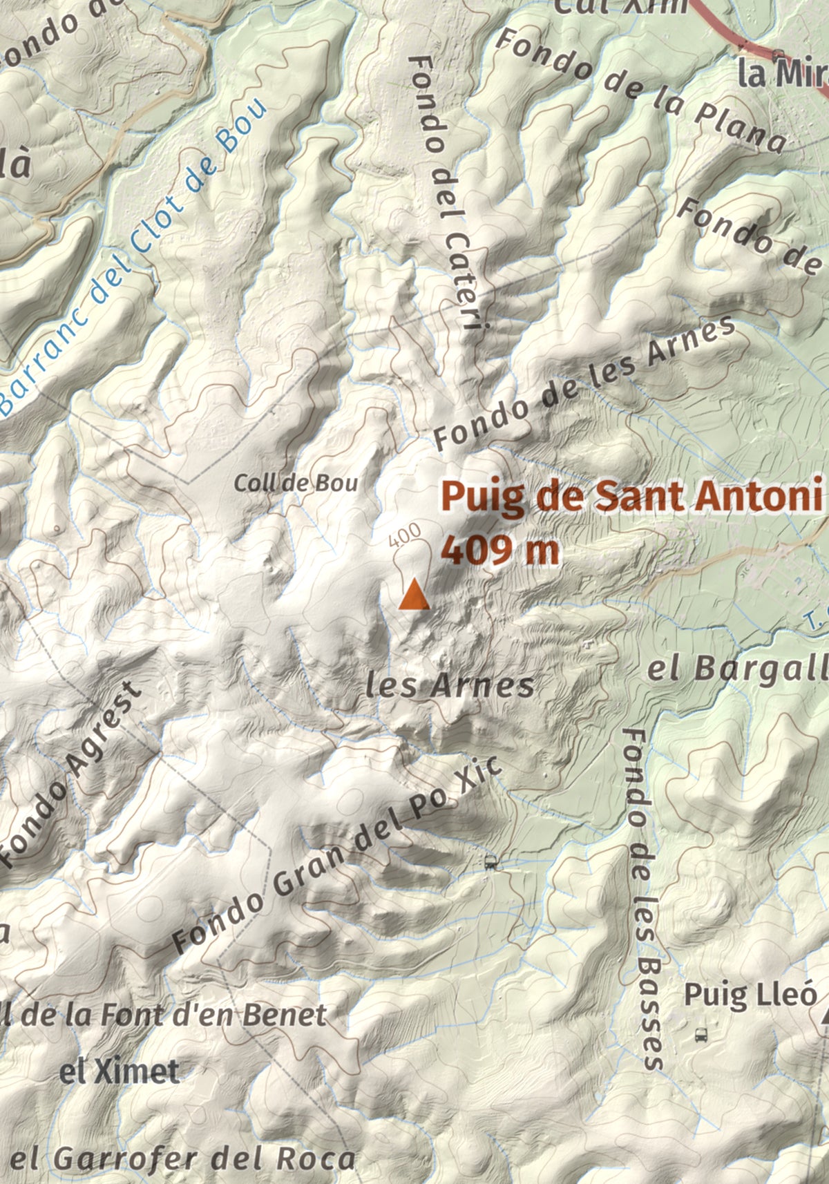 Mapa de relieve de Puig de Sant Antoni, 409 m, Baix Penedès, lámina 100 Cims de Trobart. Detalle de la zona central. 21 × 30 cm.