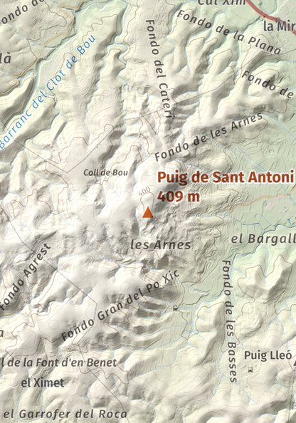 Mapa de relieve de Puig de Sant Antoni, 409 m, Baix Penedès, lámina 100 Cims de Trobart. Detalle de la zona central. 21 × 30 cm.