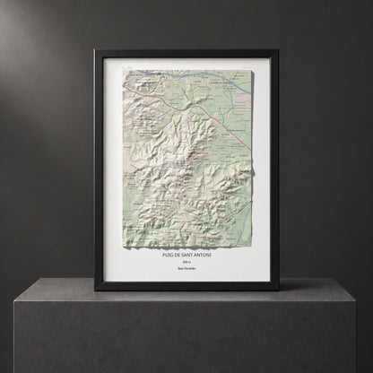 Mapa de relieve de Puig de Sant Antoni, 409 m, Baix Penedès, lámina 100 Cims de Trobart. Presentación enmarcada. 30 × 40 cm.