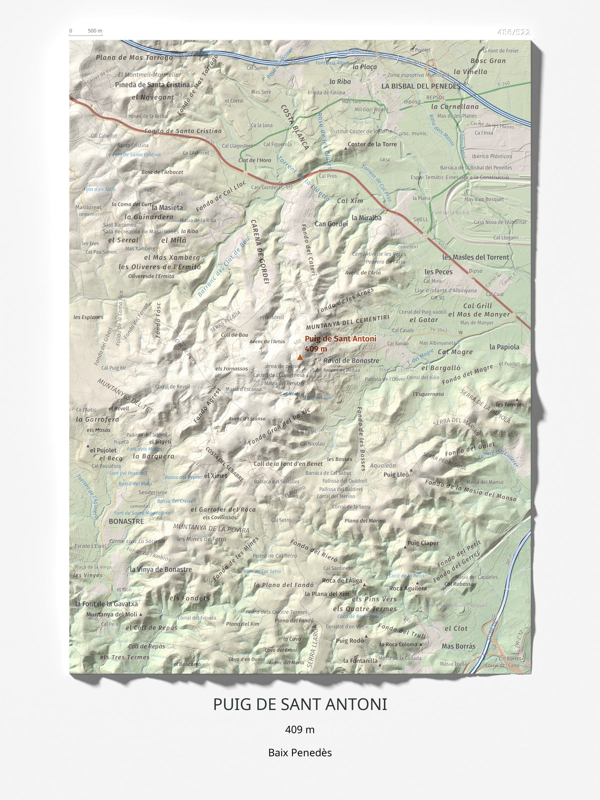 Mapa de relieve de Puig de Sant Antoni, 409 m, Baix Penedès, lámina 100 Cims de Trobart 30 × 40 cm.