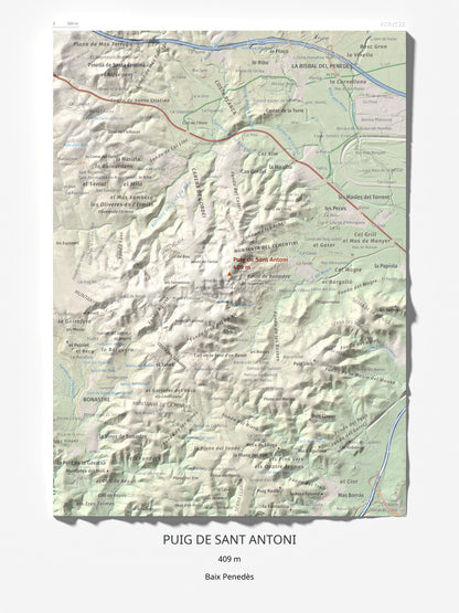 Mapa de relieve de Puig de Sant Antoni, 409 m, Baix Penedès, lámina 100 Cims de Trobart 30 × 40 cm.