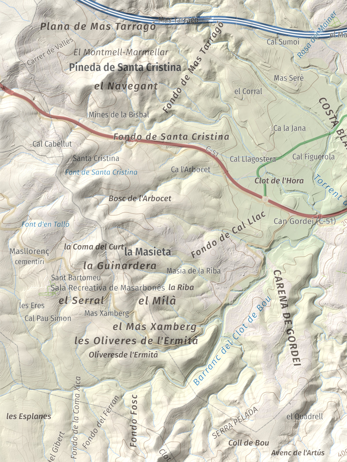 Mapa de relieve de Puig de Sant Antoni, 409 m, Baix Penedès, lámina 100 Cims de Trobart. Detalle de la zona superior izquierda. 30 × 40 cm.