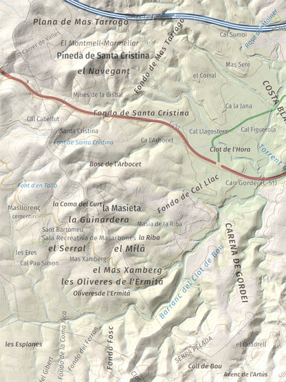Mapa de relieve de Puig de Sant Antoni, 409 m, Baix Penedès, lámina 100 Cims de Trobart. Detalle de la zona superior izquierda. 30 × 40 cm.