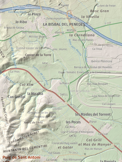 Mapa de relieve de Puig de Sant Antoni, 409 m, Baix Penedès, lámina 100 Cims de Trobart. Detalle de la zona superior derecha. 30 × 40 cm.