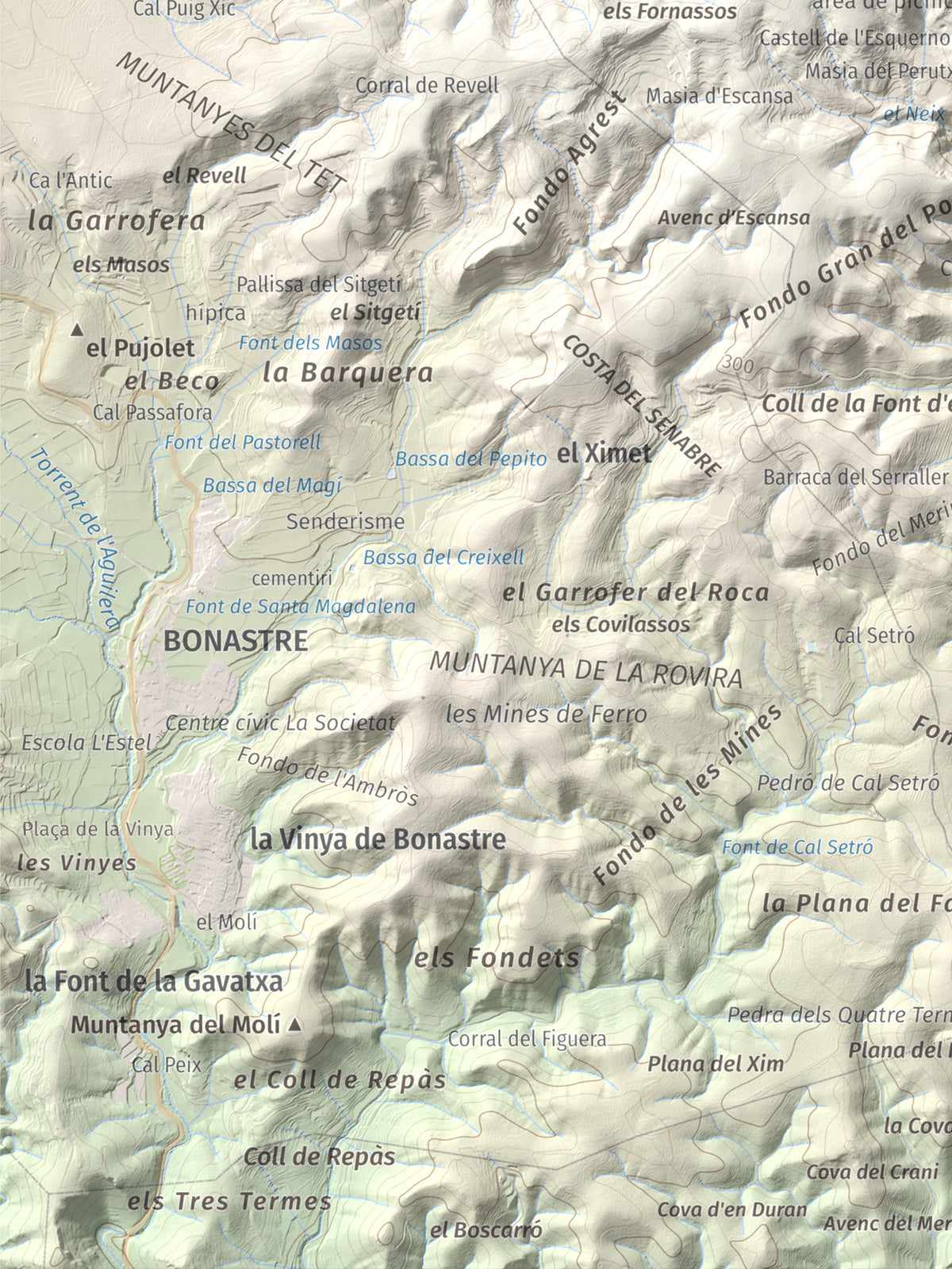 Mapa de relieve de Puig de Sant Antoni, 409 m, Baix Penedès, lámina 100 Cims de Trobart. Detalle de la zona inferior izquierda. 30 × 40 cm.