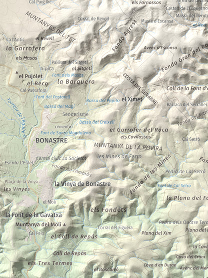 Mapa de relieve de Puig de Sant Antoni, 409 m, Baix Penedès, lámina 100 Cims de Trobart. Detalle de la zona inferior izquierda. 30 × 40 cm.