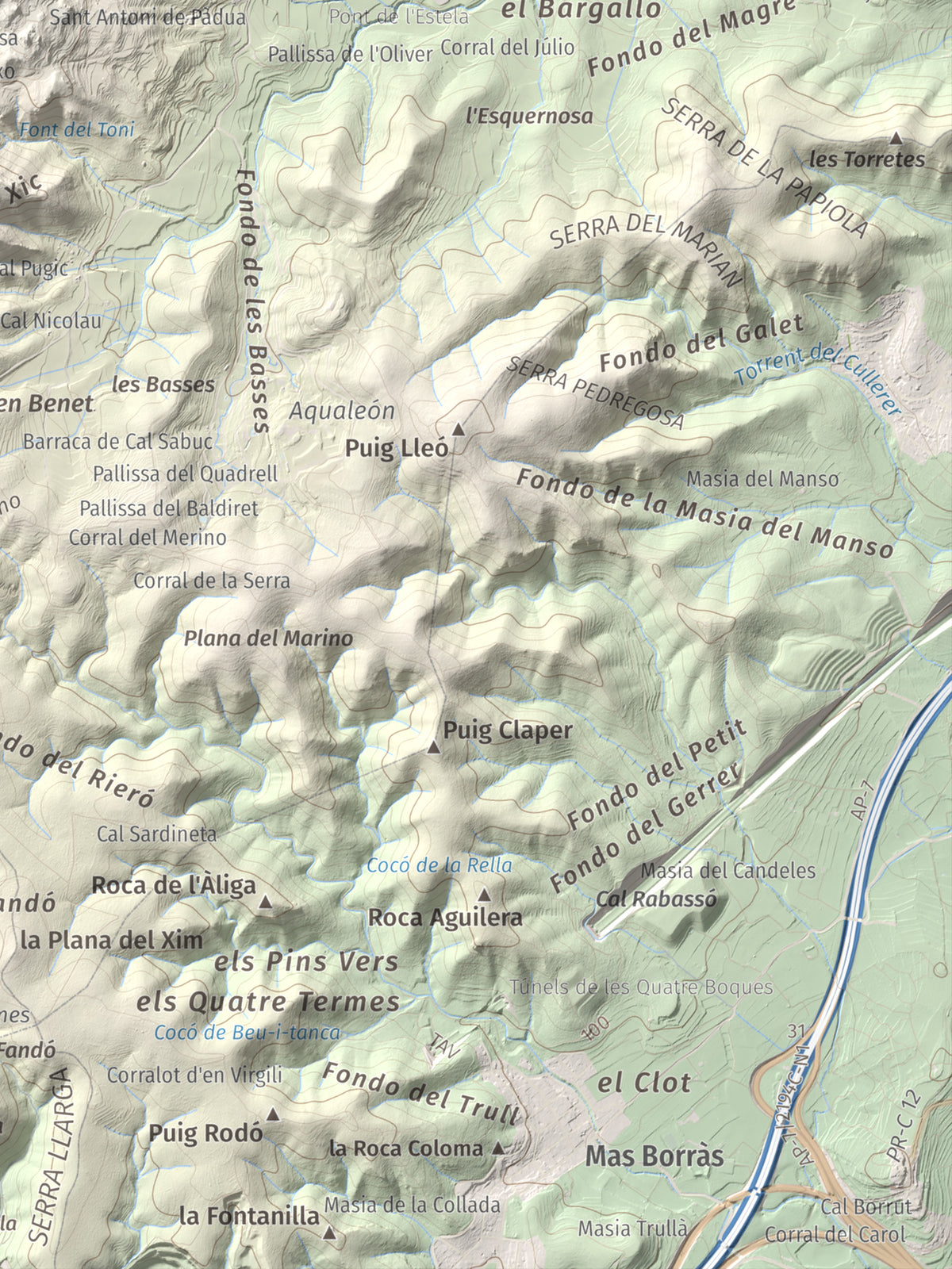 Mapa de relieve de Puig de Sant Antoni, 409 m, Baix Penedès, lámina 100 Cims de Trobart. Detalle de la zona inferior derecha. 30 × 40 cm.
