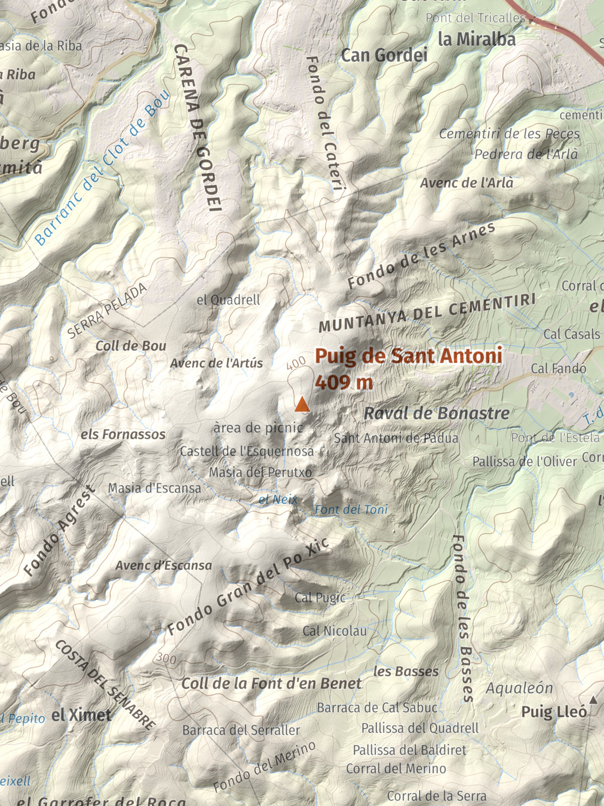 Mapa de relieve de Puig de Sant Antoni, 409 m, Baix Penedès, lámina 100 Cims de Trobart. Detalle de la zona central. 30 × 40 cm.