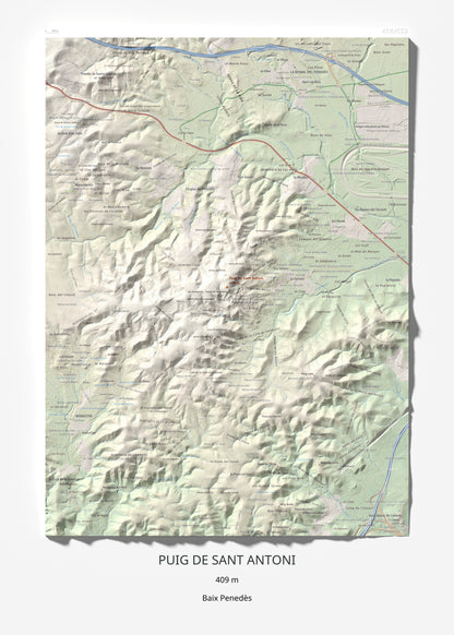 Mapa de relieve de Puig de Sant Antoni, 409 m, Baix Penedès, lámina 100 Cims de Trobart 50 × 70 cm.