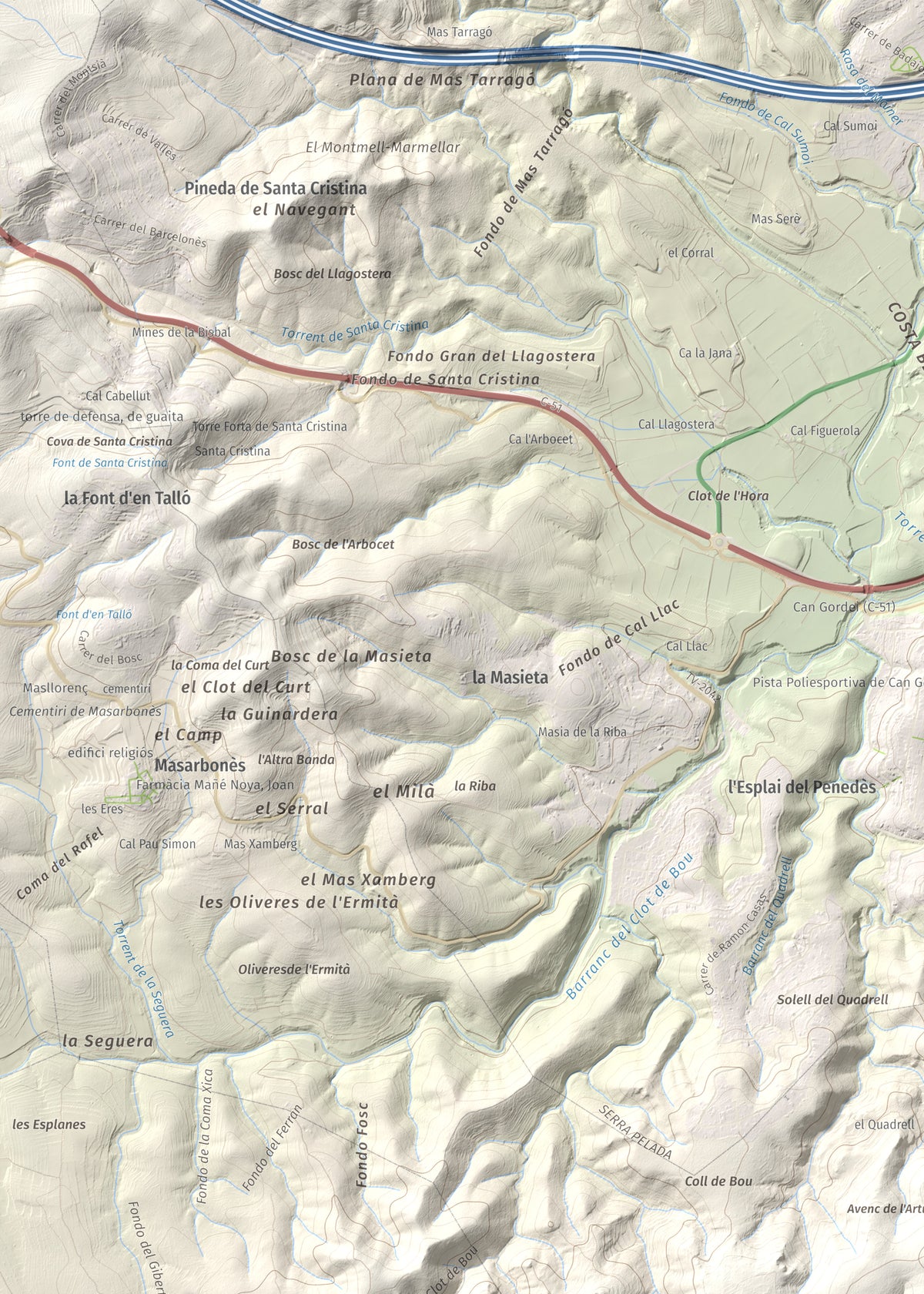 Mapa de relieve de Puig de Sant Antoni, 409 m, Baix Penedès, lámina 100 Cims de Trobart. Detalle de la zona superior izquierda. 50 × 70 cm.