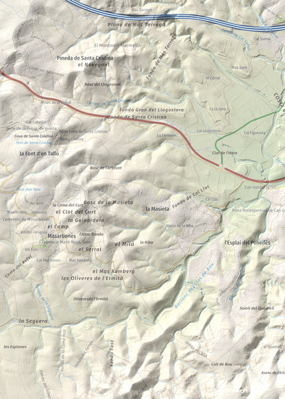 Mapa de relieve de Puig de Sant Antoni, 409 m, Baix Penedès, lámina 100 Cims de Trobart. Detalle de la zona superior izquierda. 50 × 70 cm.