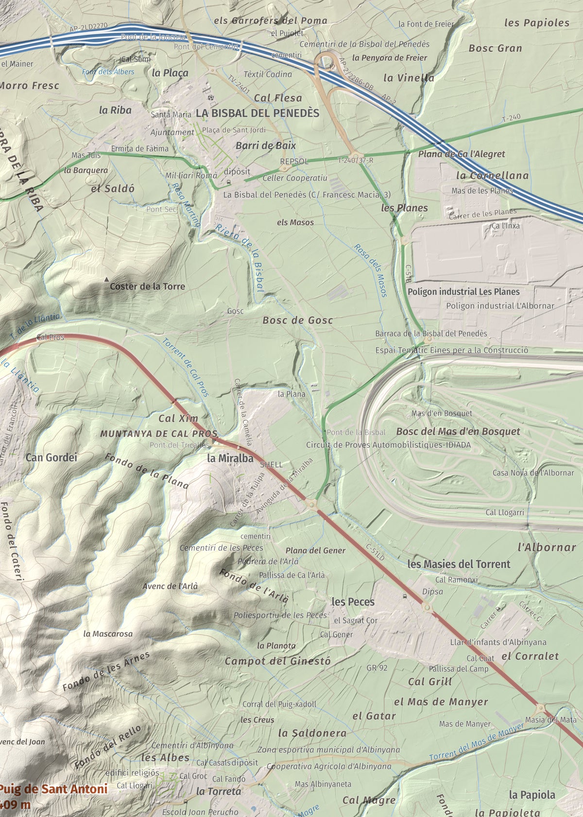 Mapa de relieve de Puig de Sant Antoni, 409 m, Baix Penedès, lámina 100 Cims de Trobart. Detalle de la zona superior derecha. 50 × 70 cm.