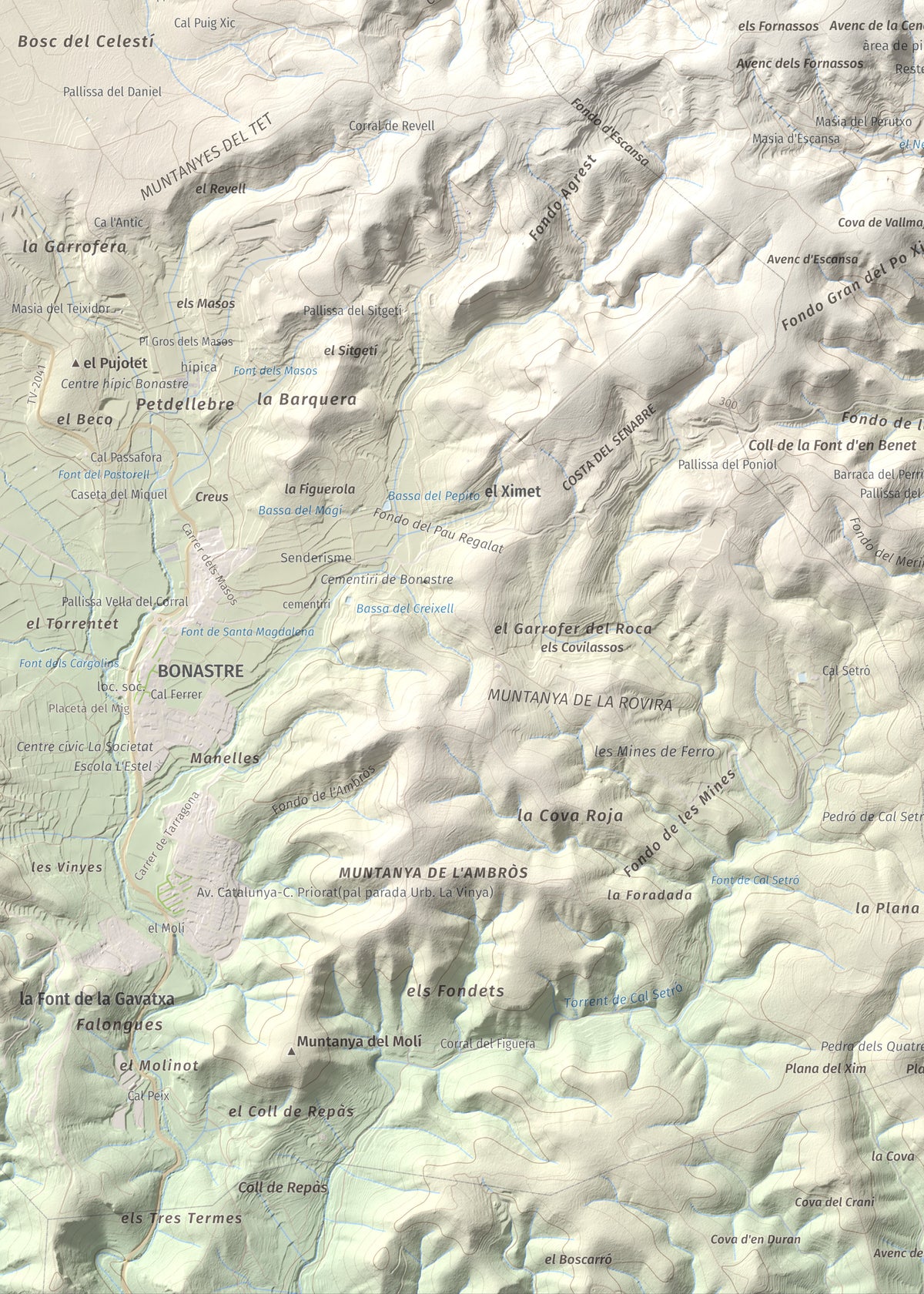 Mapa de relieve de Puig de Sant Antoni, 409 m, Baix Penedès, lámina 100 Cims de Trobart. Detalle de la zona inferior izquierda. 50 × 70 cm.