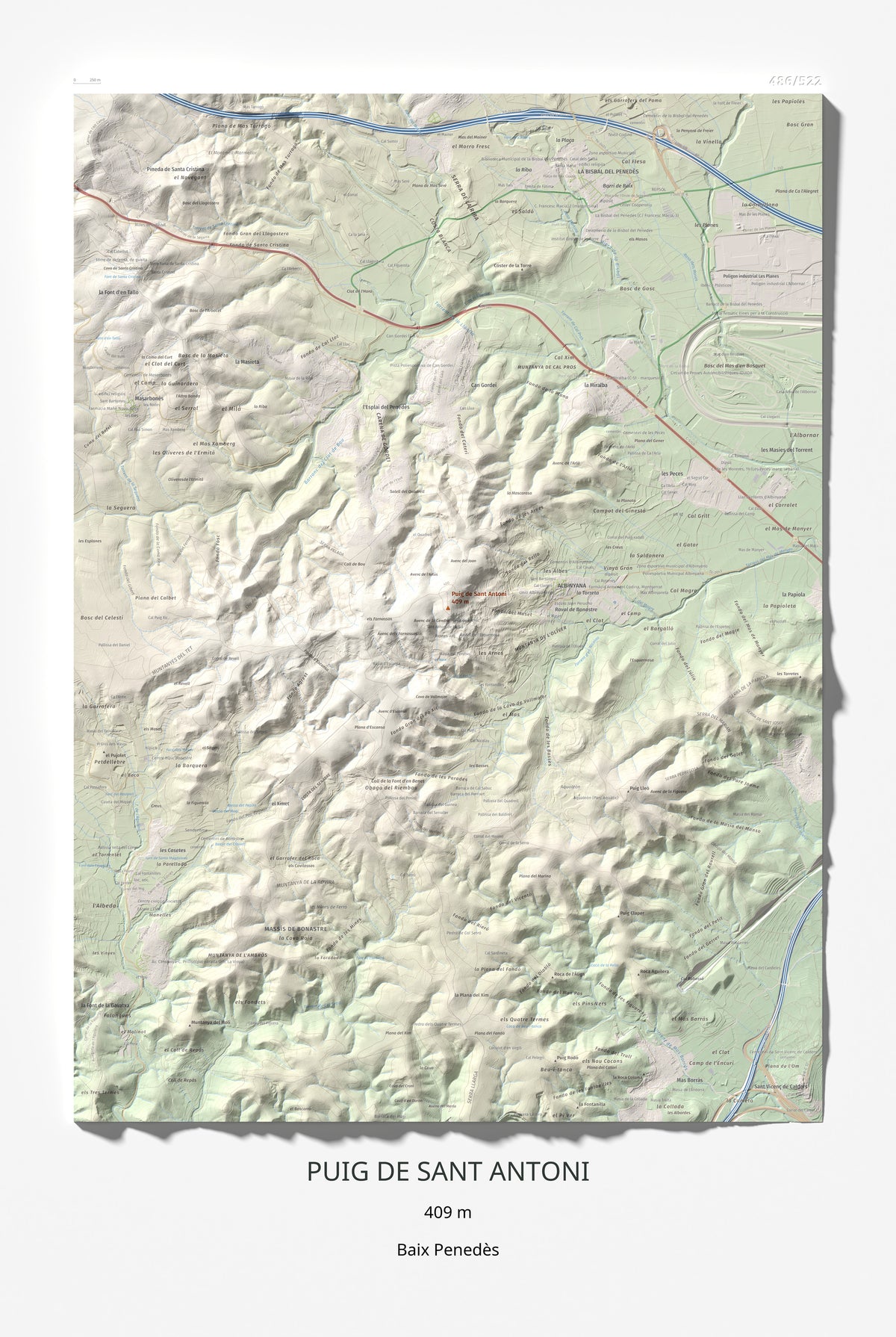 Mapa de relieve de Puig de Sant Antoni, 409 m, Baix Penedès, lámina 100 Cims de Trobart 61 × 91 cm.