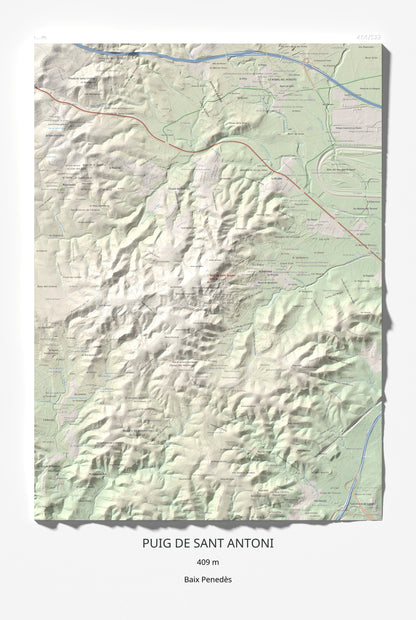 Mapa de relieve de Puig de Sant Antoni, 409 m, Baix Penedès, lámina 100 Cims de Trobart 61 × 91 cm.