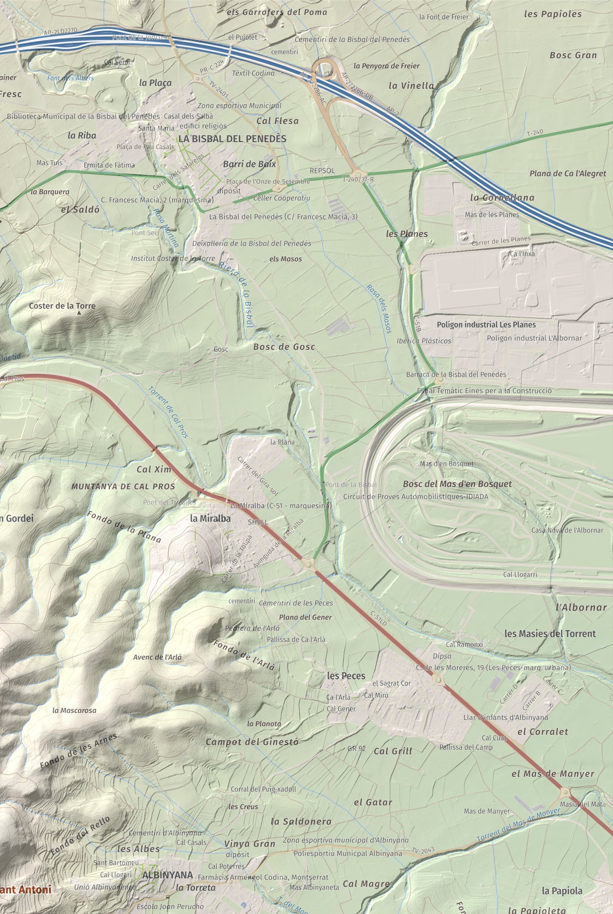 Mapa de relieve de Puig de Sant Antoni, 409 m, Baix Penedès, lámina 100 Cims de Trobart. Detalle de la zona superior derecha. 61 × 91 cm.