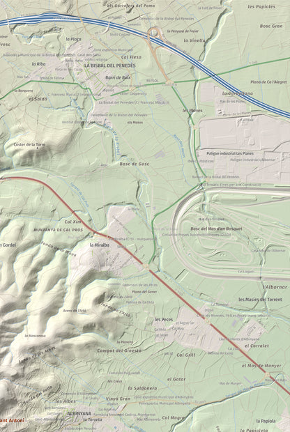 Mapa de relieve de Puig de Sant Antoni, 409 m, Baix Penedès, lámina 100 Cims de Trobart. Detalle de la zona superior derecha. 61 × 91 cm.