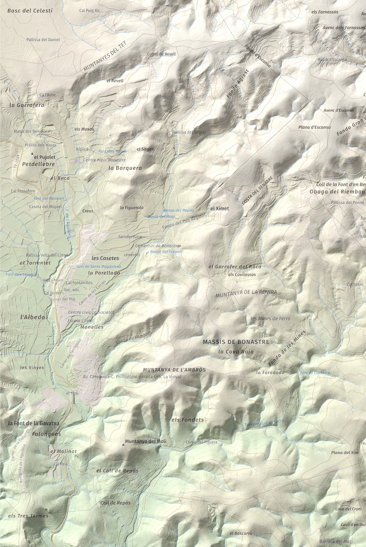 Mapa de relieve de Puig de Sant Antoni, 409 m, Baix Penedès, lámina 100 Cims de Trobart. Detalle de la zona inferior izquierda. 61 × 91 cm.