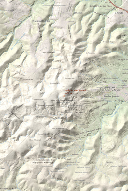 Mapa de relieve de Puig de Sant Antoni, 409 m, Baix Penedès, lámina 100 Cims de Trobart. Detalle de la zona central. 61 × 91 cm.